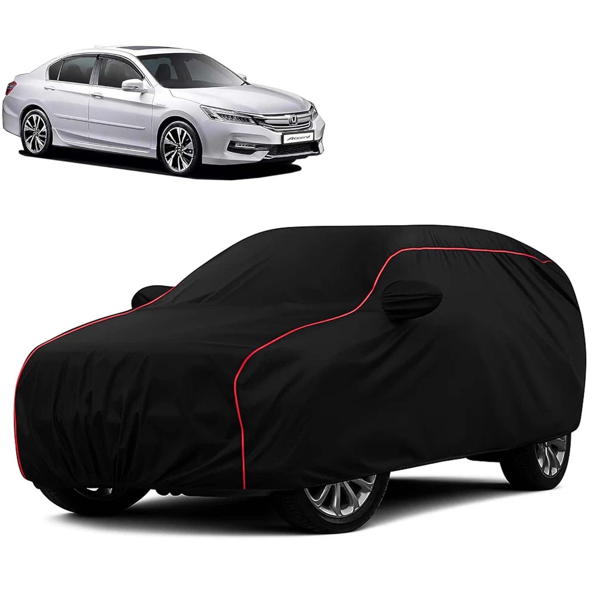 Sulfar 100% Water Resistant Car Body Cover Compatible with Mirror for Honda Accord (Triple Stitched, Full Bottom Elastic, Black with Red Piping)