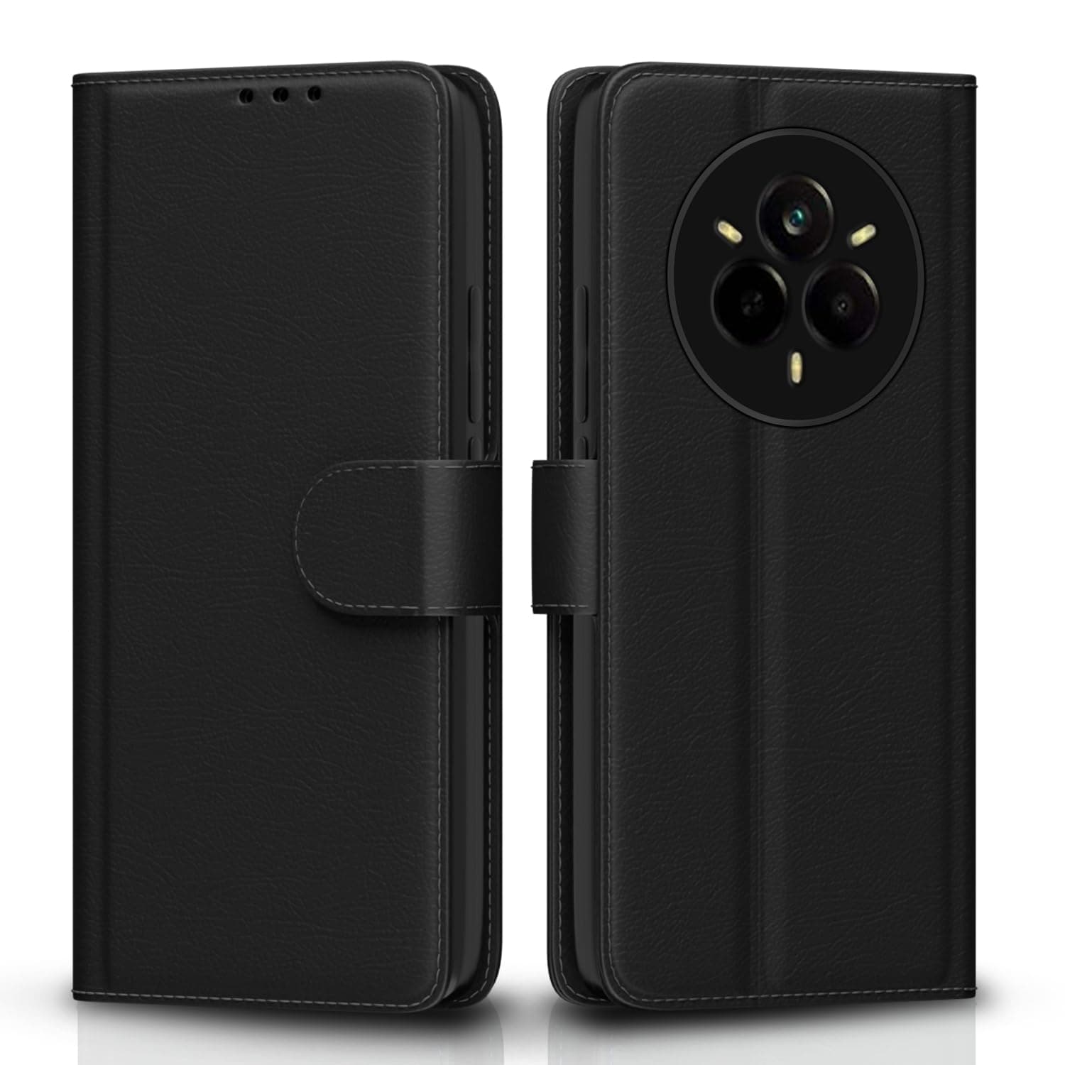 Pikkme Flip Cover Leather Finish | Inside TPU with Card Pockets | Wallet Stand and Shock Proof | Complete Protection Flip Case for Realme 14 Pro 5G(Black)