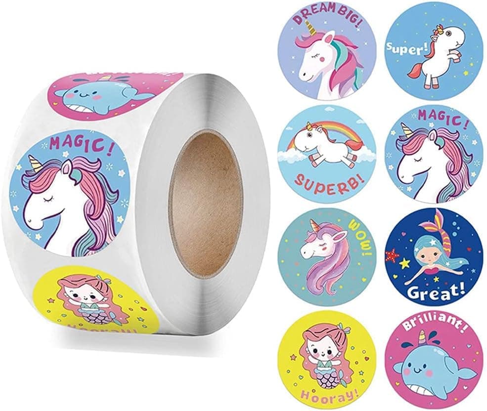 Alokik Enterprise 2000 Pcs Mix Design Unicorn Watercolor Stickers, Round Decorative Adhesive Sticker for mall Business Wedding Supplies Packing Sticker Gift Wrap (4 x Decorative Sticker Roll)