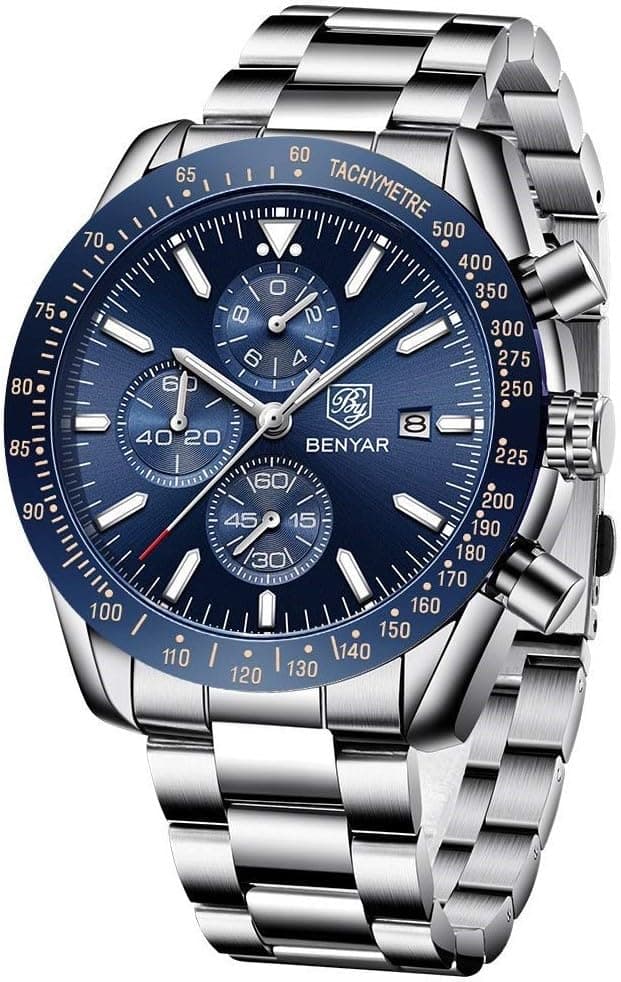 BENYAR Men's Luxury Chronograph Watch – Business, Casual & Wear | Quartz Movement with Date Display | Stylish Stainless Steel Wristwatch | Gift for Men (Silver-Blue)