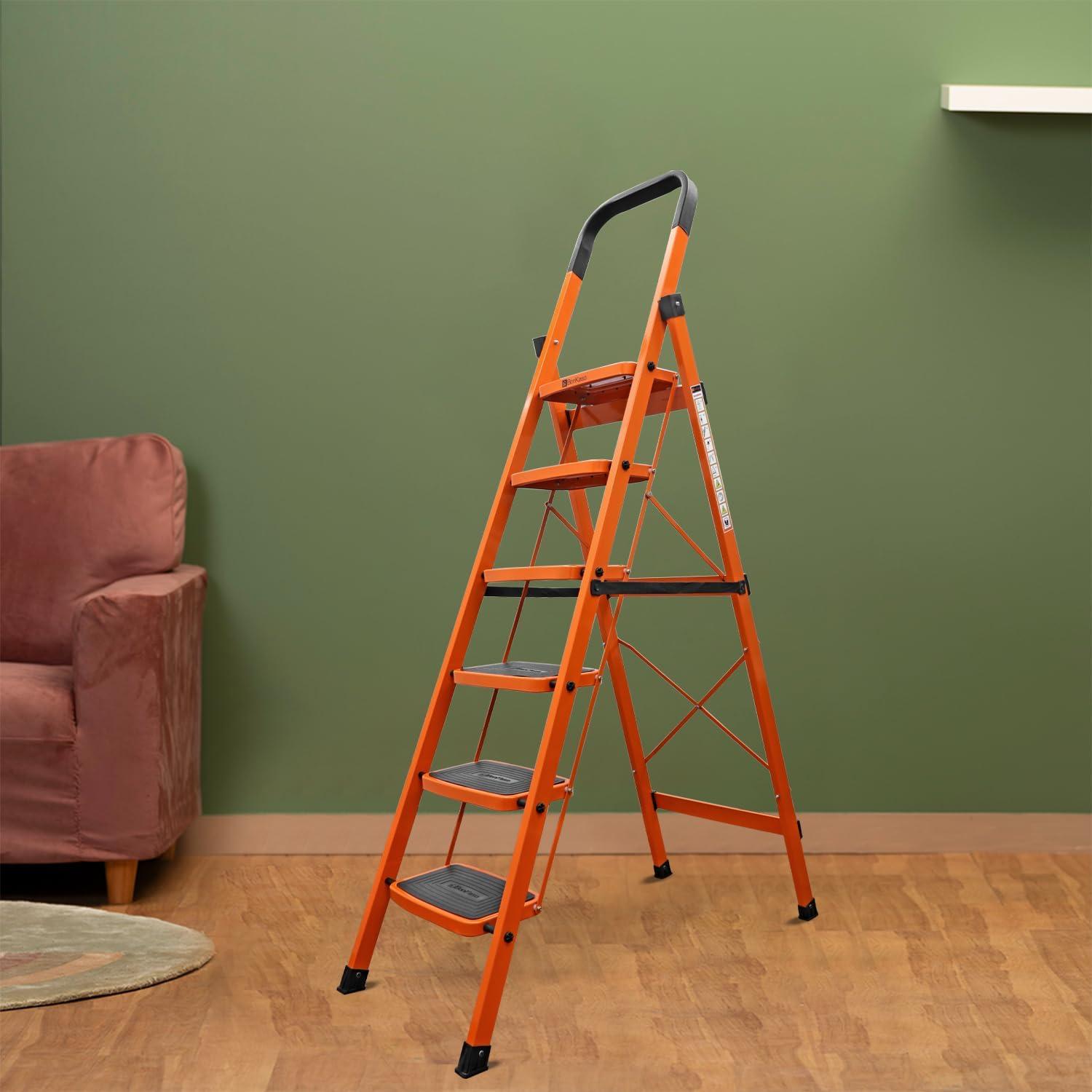 BonKaso Climb Steady Premium Alloy Steel Heavy Duty Multipurpose Foldable 6 Step Ladder with Connecting Frame & Belt Support for Home and Outdoor - (Orange)