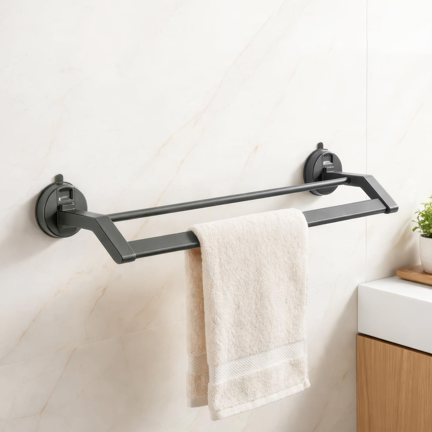 Amazon Basics Suction Towel Holder for Bathroom – Rust - Free Powder Coated Wall Mounted Towel Rack No Drill Towel Rack Modern Bathroom Accessories Organizer Grey