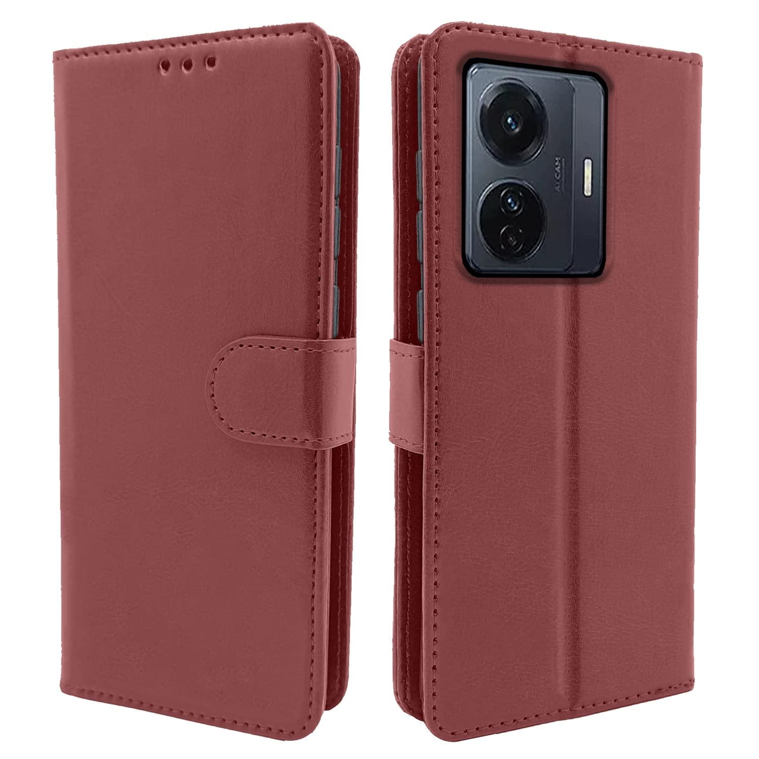 Pikkme Vivo T1 Pro 5G /iQOO Z6 Pro 5G Flip Case Leather Finish | Inside TPU with Card Pockets | Wallet Stand and Shock Proof | Magnetic Closing | Complete Protection Flip Cover (Brown)