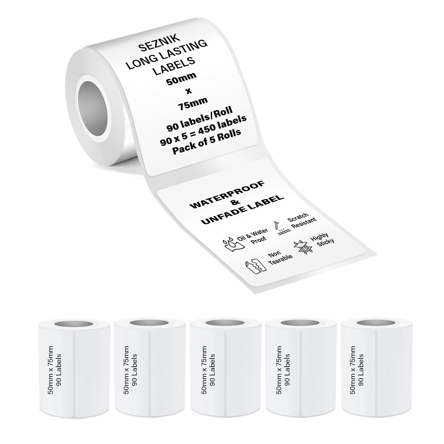 Seznik Waterproof, Non-Tearable, Sticky Thermal Lables, Label Roll, 2 inch Adhesive Thermal Labels for Label Printers (50mmx75mm - 450 Lables)