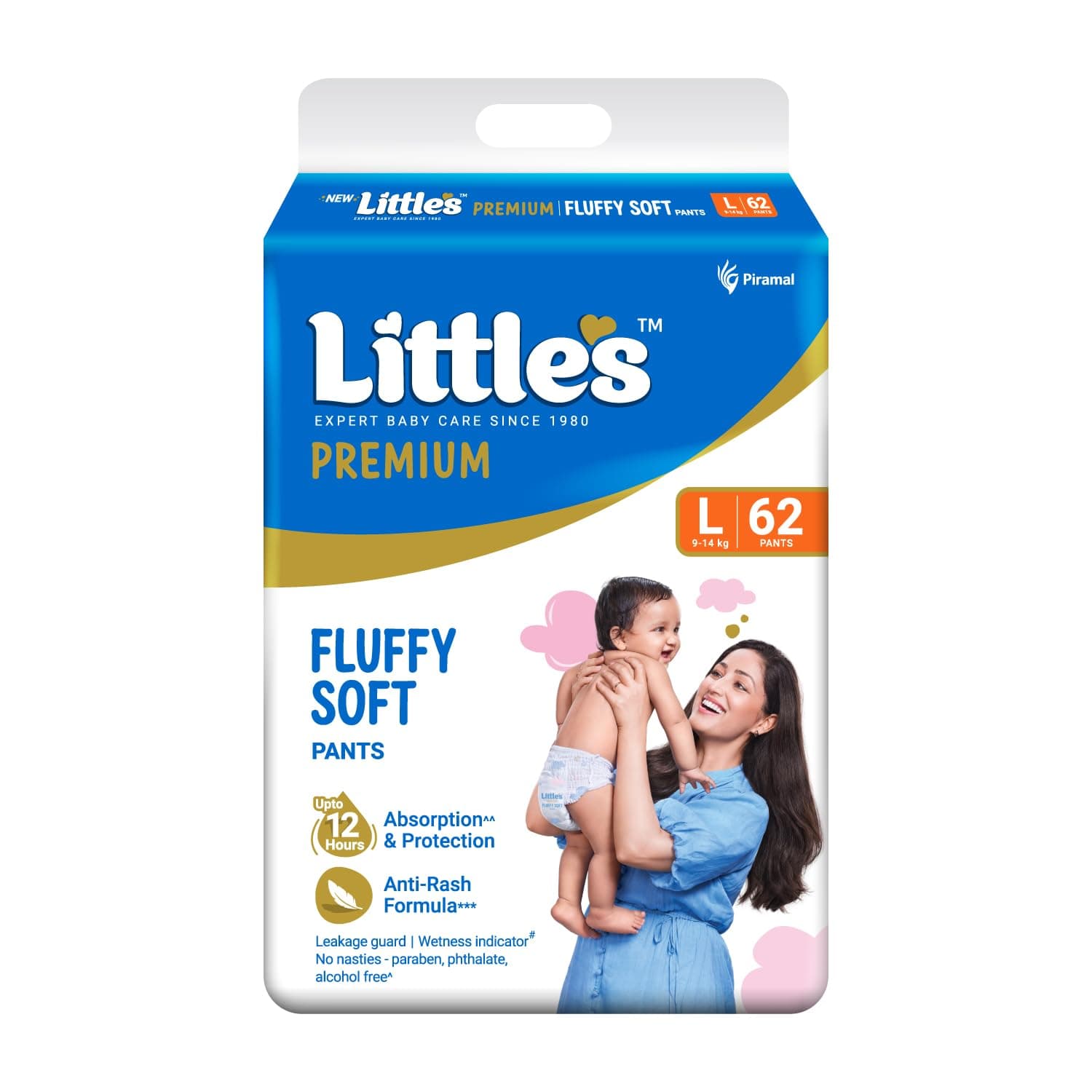 Little's Premium Baby Diapers L Size (Large) Pants Style | 9-14 kg | 62 Count | Super Jumbo FluffySoft Baby Diaper with Leakage Guard, Wetness Indicator & 12 Hours Absorption
