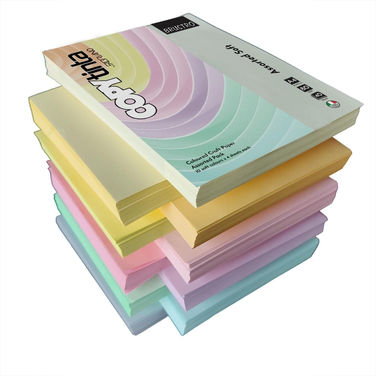 BRUSTRO Copytinta Mixed Soft Colour Craft Paper | A4 Size, 80 GSM | Pack of 40 Sheets (10 colors X 4 Sheets) | Double Side Colored, Ideal for Origami, Scrapbooking, Making Card, DIY Art & Craft.