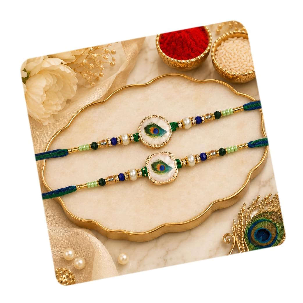 CraftVatika Rakhi for Brother Set of 2, Designer Peacock Feather Rakhis for Brother Bhaiya, Premium Rakshabandhan Thread Rakhis for Men, Traditional Rakis for Boys, Best Wishes Card and Tillak Set