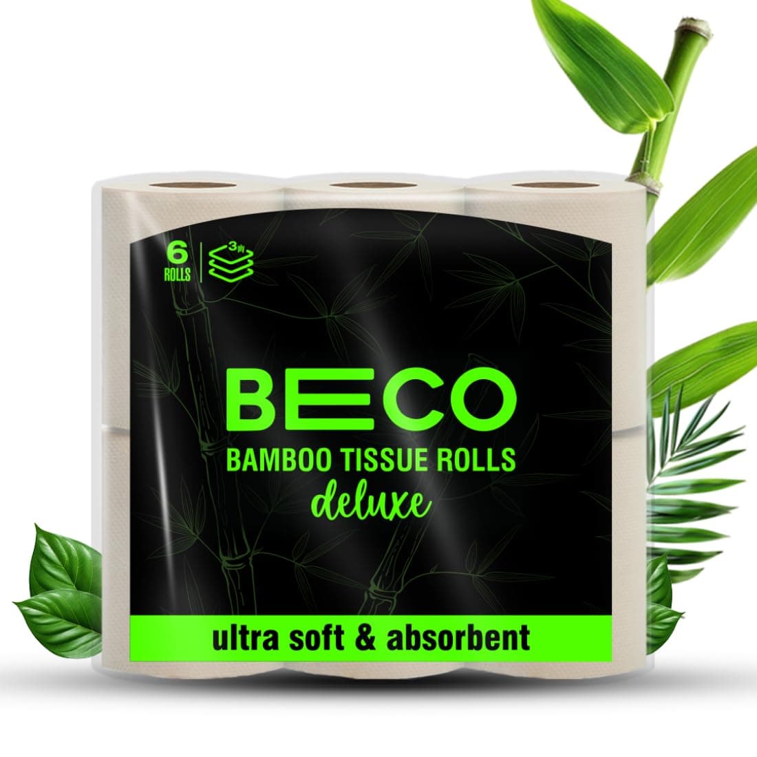 Beco Bamboo 3-Ply Toilet Paper Roll 160 Pulls Each Pack of 6, 100% Natural, Unbleached and Eco-Friendly Tissue Papers