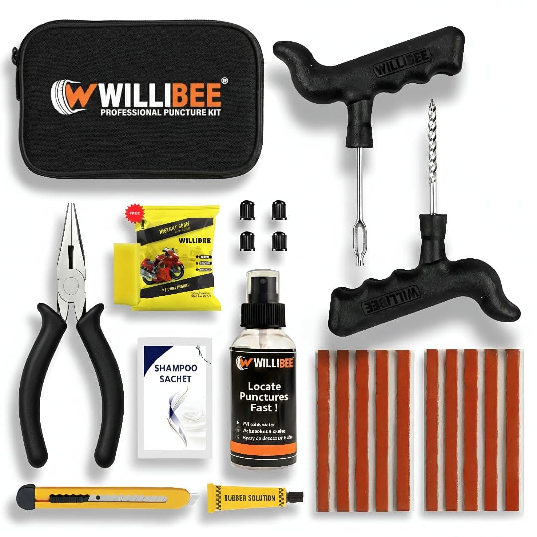 WILLIBEE 11-in-1 (Pack of 10 Strips) Tubeless Tyre Puncture Repair Kit for Car & Bike | Heavy-Duty Puncher Kit (Includes Storage Bag)