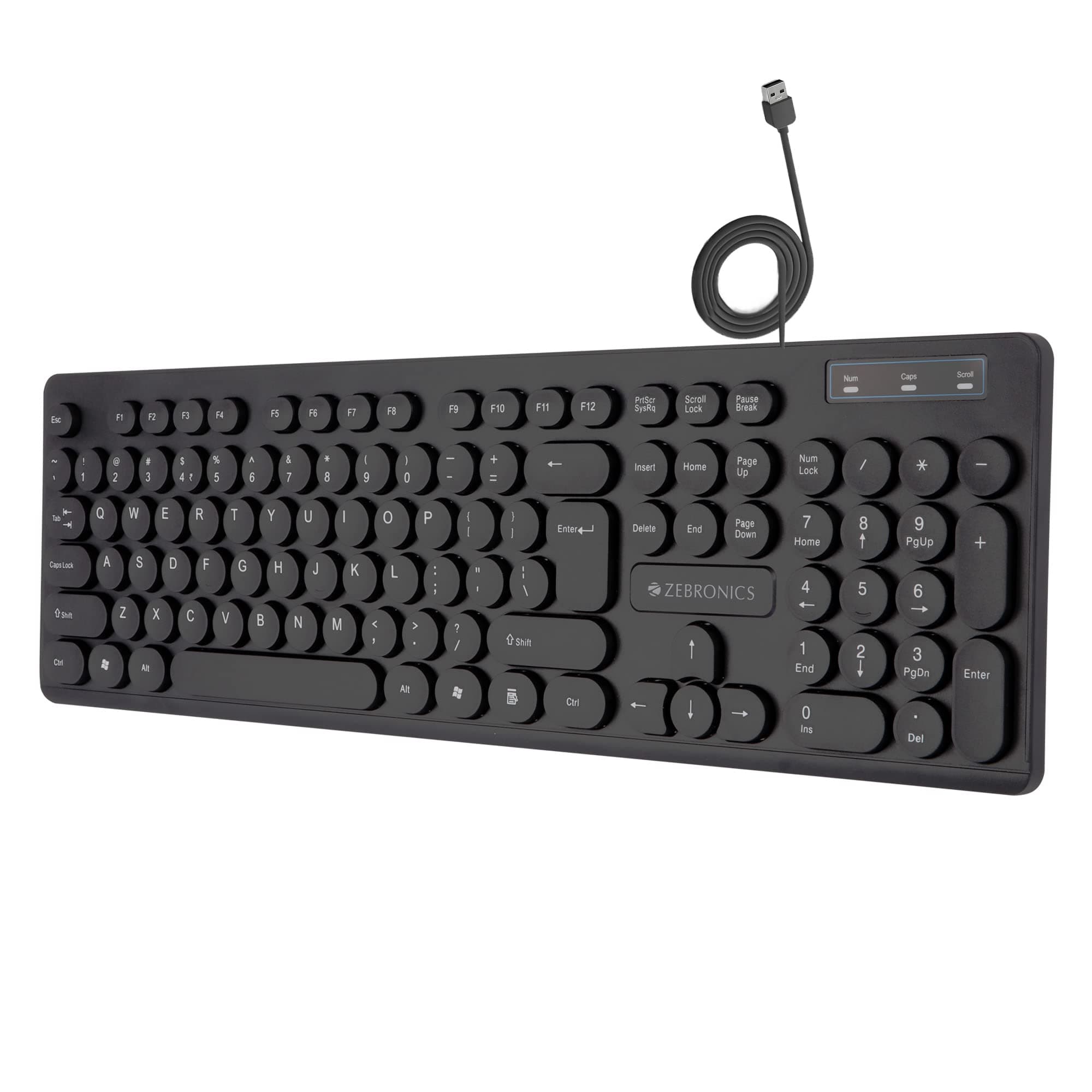 ZEBRONICS K24 Wired USB Keyboard, 104 Keys, Long Life 8 Million Keystrokes, Silent & Comfortable Use, Slim Design, Retractable Stand, 1.5 Meter Textured Cable, UV Coated keycaps