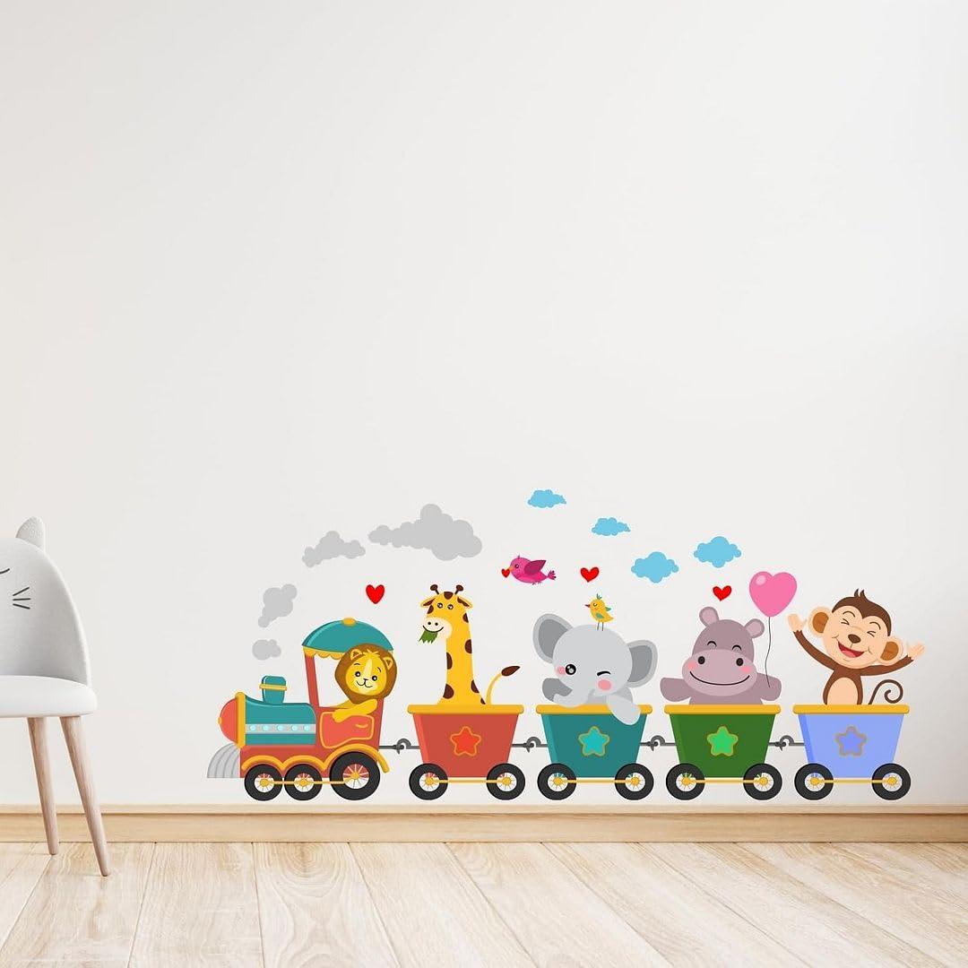 CVANU Animal Train Self-Adhesive Vinyl Wall Sticker for Kids Room| Nursery| Play School Wall Decoration Item (37.5inX16.5in)_S283