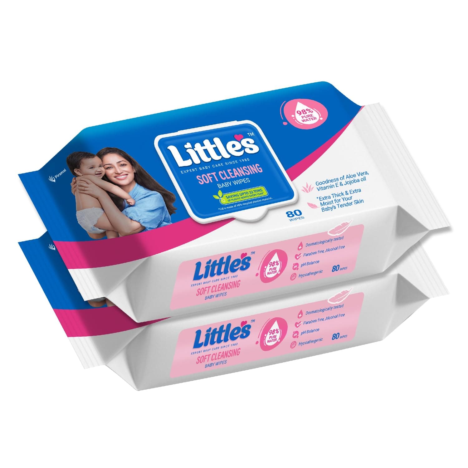 Little's Soft Cleansing Baby Wipes with Lid | 80 Wipes x Pack of 2 - 160 Wipes | Extra Thick & Moist Wet Wipes for Baby's | Prevents Rashes & Redness with Goodness of Aloe Vera, Vitamin E & Jojoba Oil