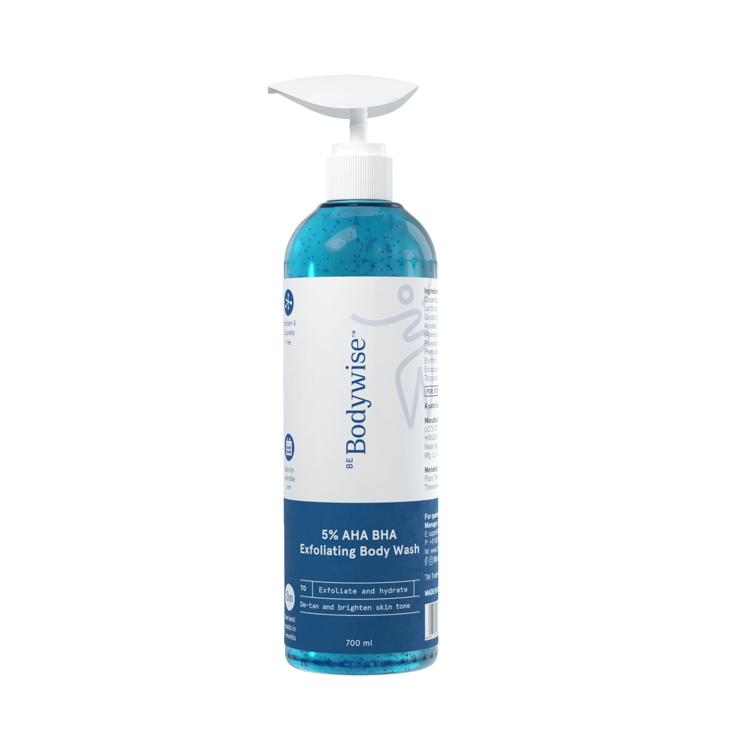 Be Bodywise 5% AHA BHA Exfoliating Detan Body Wash 700ml | For Body Acne, Strawberry Skin, De-Tan | Infused with 3% Lactic Acid, 1% Salicylic Acid, 1% Glycolic Acid | Non-Drying, Paraben Free