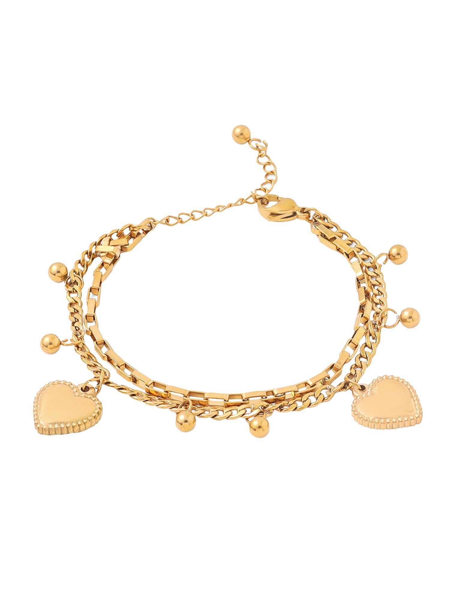 Qiroko Power Edit Collection | Bracelets For Women Stainless Steel Adjustable Multi-Layer Heart Charm Stack Bracelet For Women And Girls | Gold Colour | Anniversary Birthday Gifts