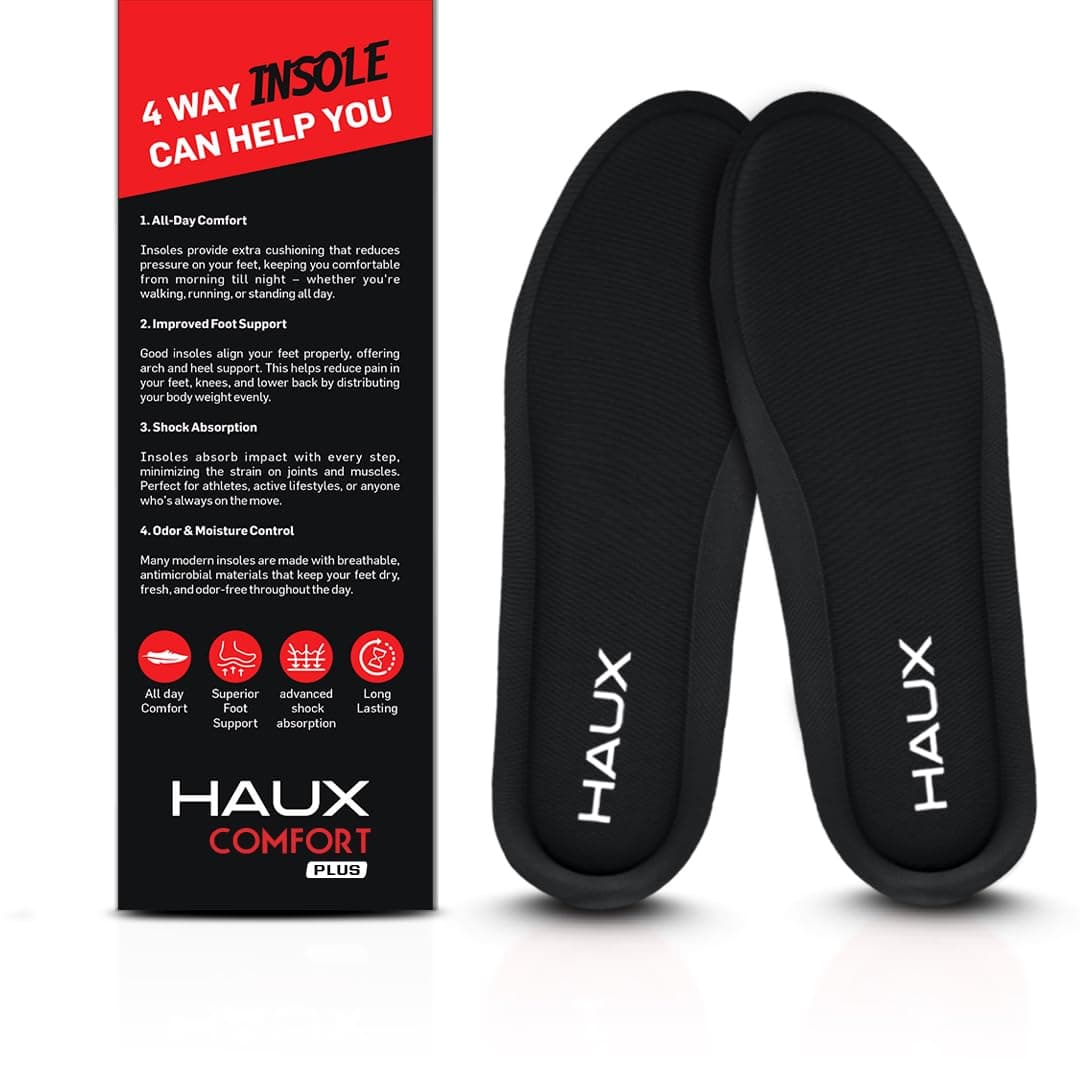 HAUX Comfort+ Memory Foam Insoles for Men | Soft Cushion Shoe Insole for Daily Use, Walking, Running, Sports & All-Day Standing Comfort (Black (Pack of 1), UK-8)