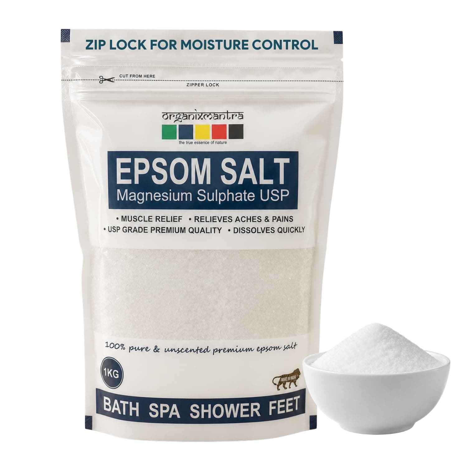 Organix Mantra Epsom Bath Salt 1KG | USP Grade Magnesium Sulphate | Muscle Relief, Foot Soak & Relaxing Bath | Relieves Aches & Pain | 100% Pure & Unscented