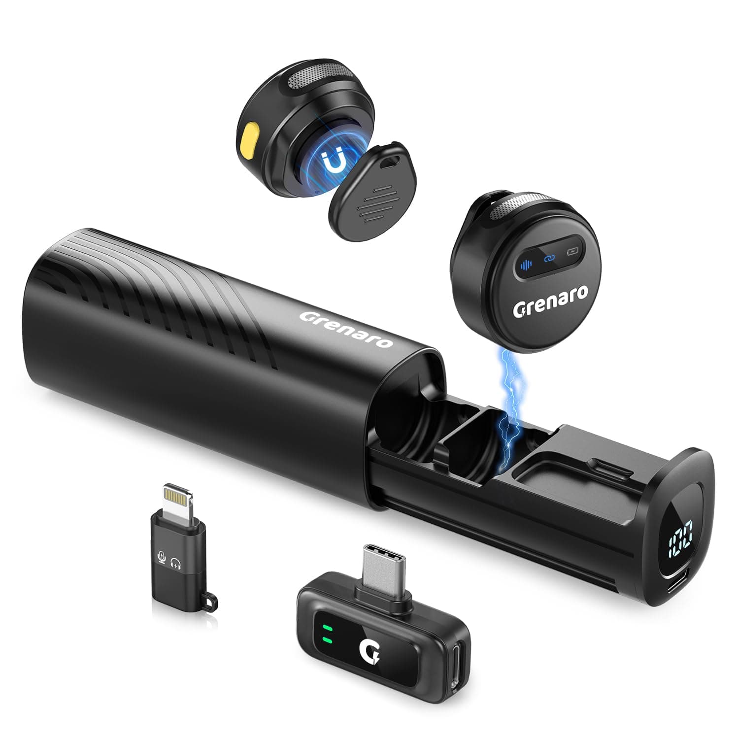 GRENARO Wireless Mic for YouTube, 3-Level Noise Reduction Wireless Microphone, Magnetic Mini Mic Wireless with 40H Charging Case for Recording and Live Stream, Support Android & iOS