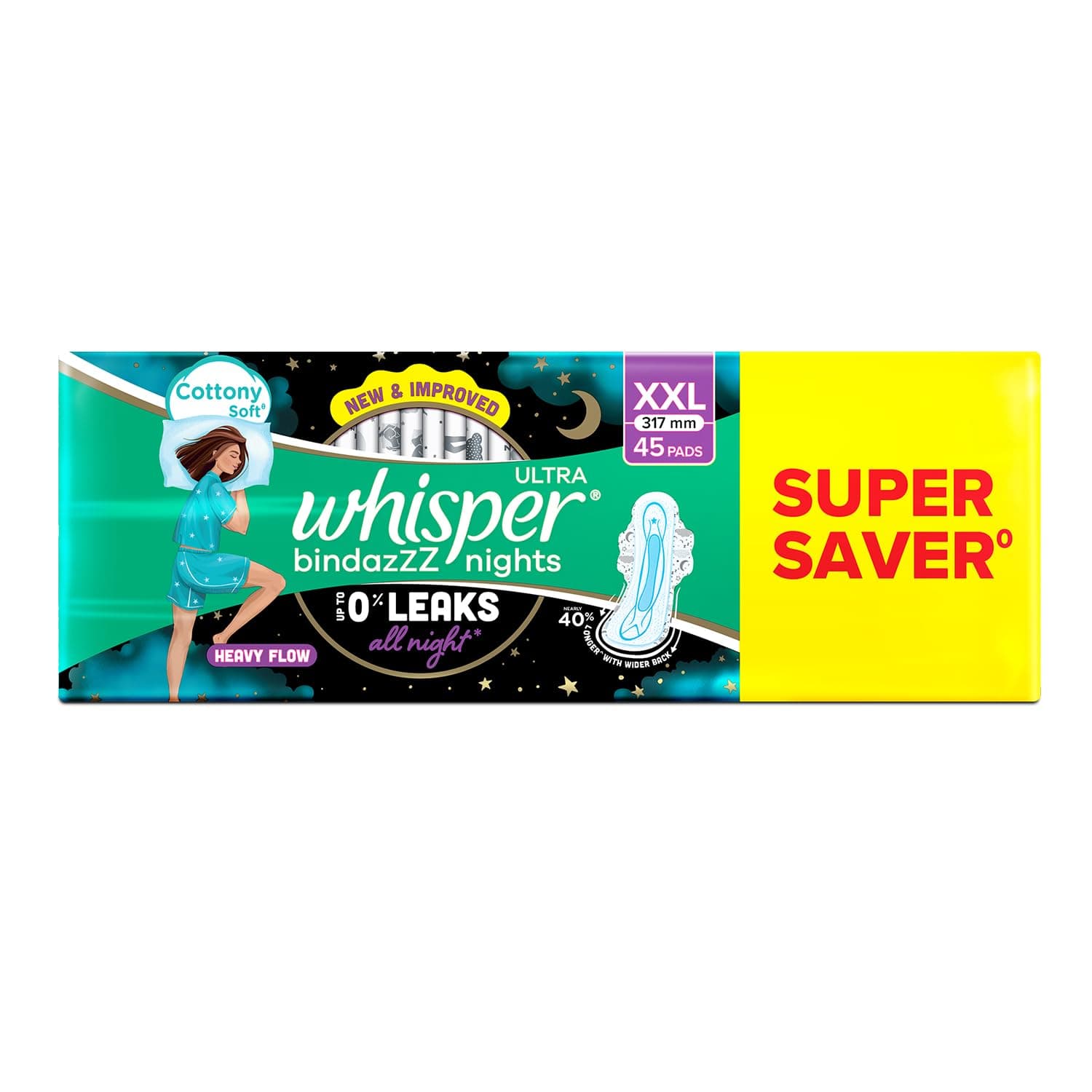 Whisper Bindazzz Nights 15x3 XXL Sanitary Pads, Upto 0% Leaks All Night Long, For Heavy Flow, Nearly 40% Longer with Wider Back, Active odor lock so you feel fresh, Disposable Wrapper