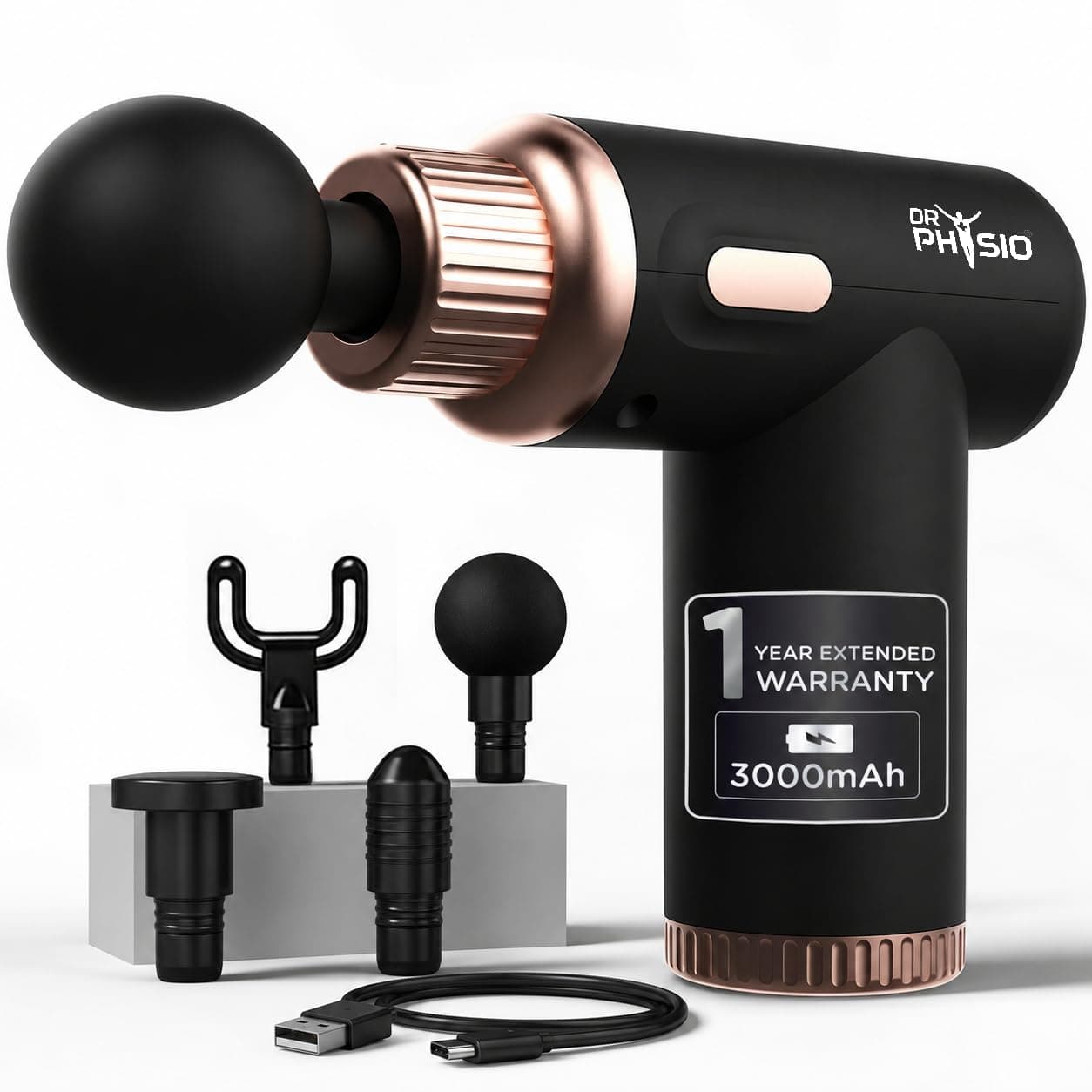 Dr Physio USA Dynamo Rechargeable Percussion Massage Gun | 3000mAh Battery | 6 Speed Levels | 4 Removable Heads Electric Full Body Gun Massager, Pain Relief Cordless Deep Tissue Massage Machine - 1034