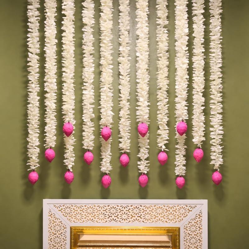 RR Crafts Artificial Flower Hanging Garland (7 Pcs, 140 cm) | Lotus Gajra for Mandir Decoration & Pooja Decor | Wall/Door Hanging Flowers for Home, Diwali, Ganpati & Festival Decoration (White & Pink)