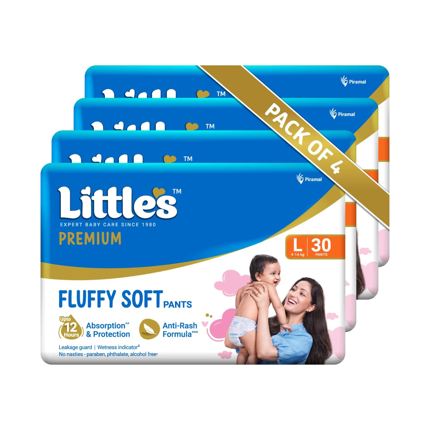 Little's Premium Baby Diapers L Size (Large) Pants Style | 9-14 kg | 120 Count | FluffySoft Baby Diaper with Leakage Guard, Wetness Indicator & 12 Hours Absorption | (30 Count, Pack of 4)