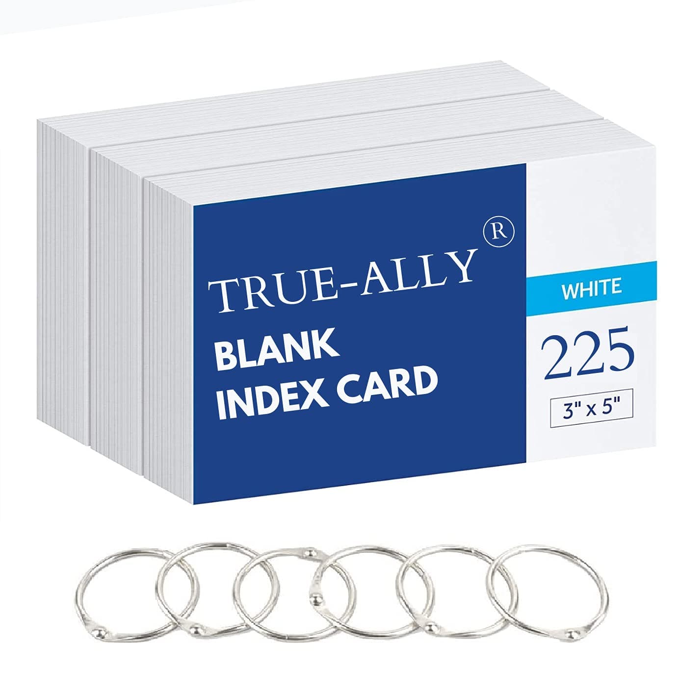 True-Ally unruled Index Flash Cards - 3x5 inch, White, 225 Cards, 200 GSM - with Free Binder Rings for Short Notes, cue Cards, Cheat Sheets, exam, Interview Preparation (3x5 inch Plain - 225 Sheets)