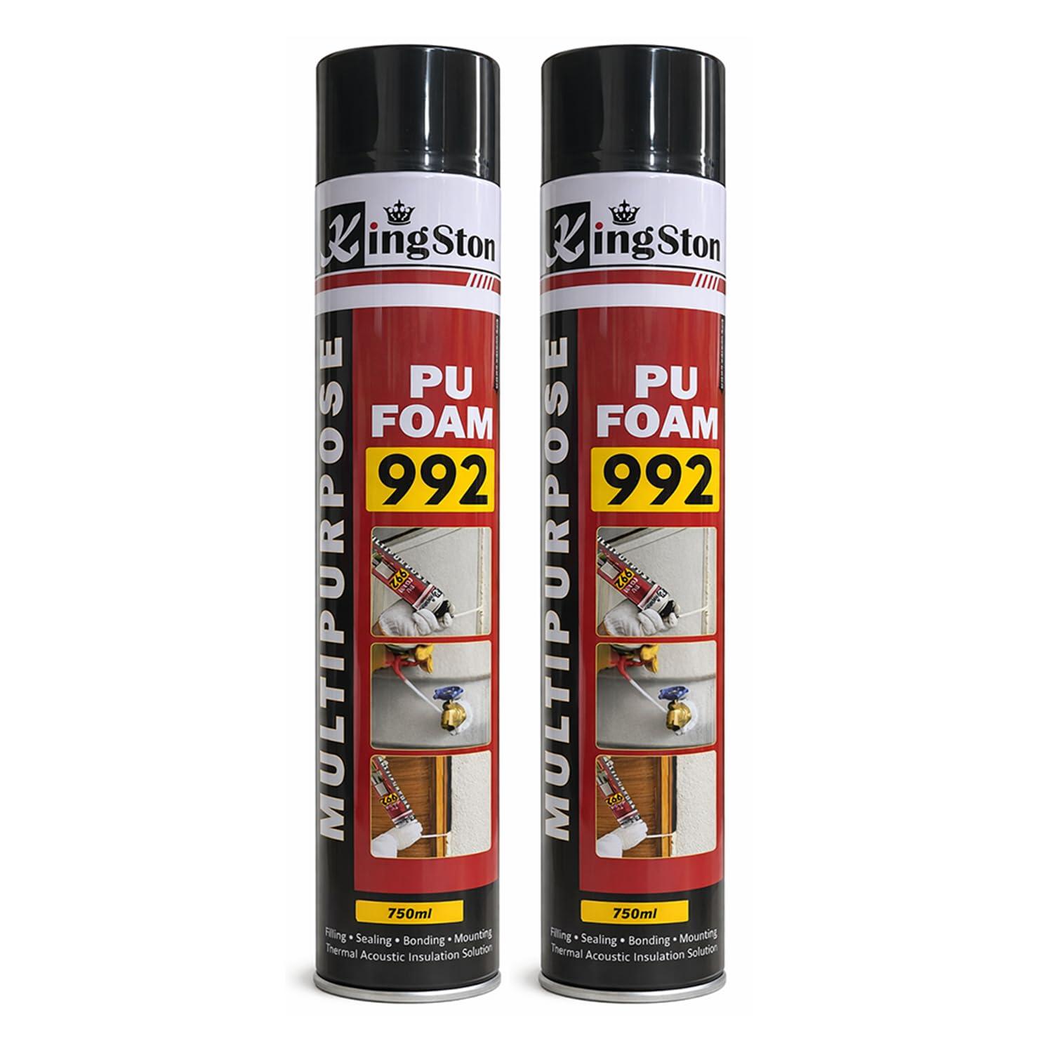 KingSton DIY PU Foam Sealant Spray White 750ml x 2 Pcs- Multipurpose Wall Gap Filling, Crack & Hole Repair, Insulation, Sealing Expandable Waterproof Foam Spray for Doors, Windows, PVC Pipe & AC Ducts