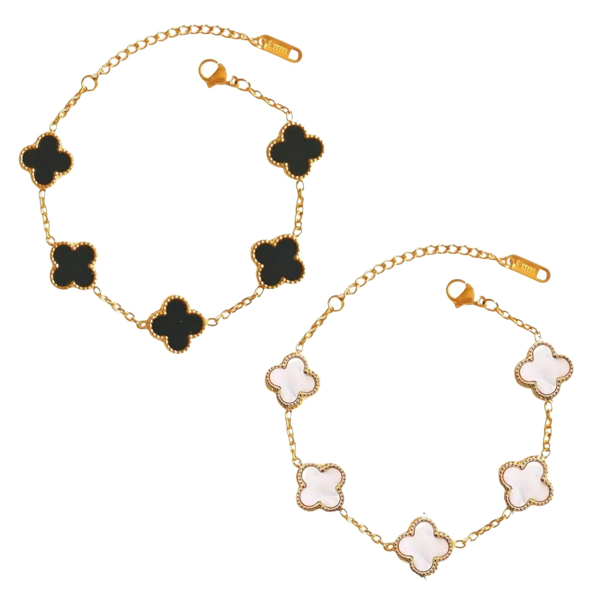 SALVE Clover Anti Tarnish Bracelet for Women Stylish | Stainless Steel Bracelet for Woman | Valentine's Gift for Girlfriend | Fashion Jewellery for Women Aesthetic Accessories for Girls Chain Bracelet Gold (Black & White Set)