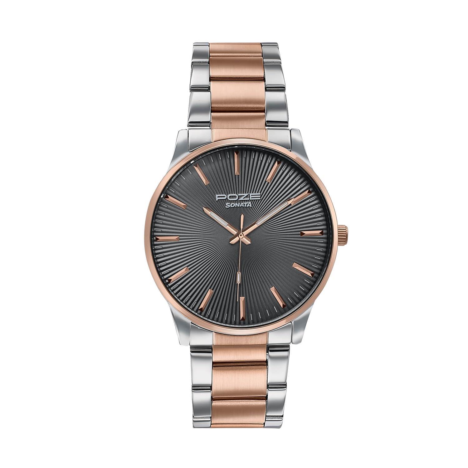 Sonata Poze 8 Quartz Analog with Grey Dial IP Rose Gold Stainless Steel Strap Watch for Men - SP70053KM02W