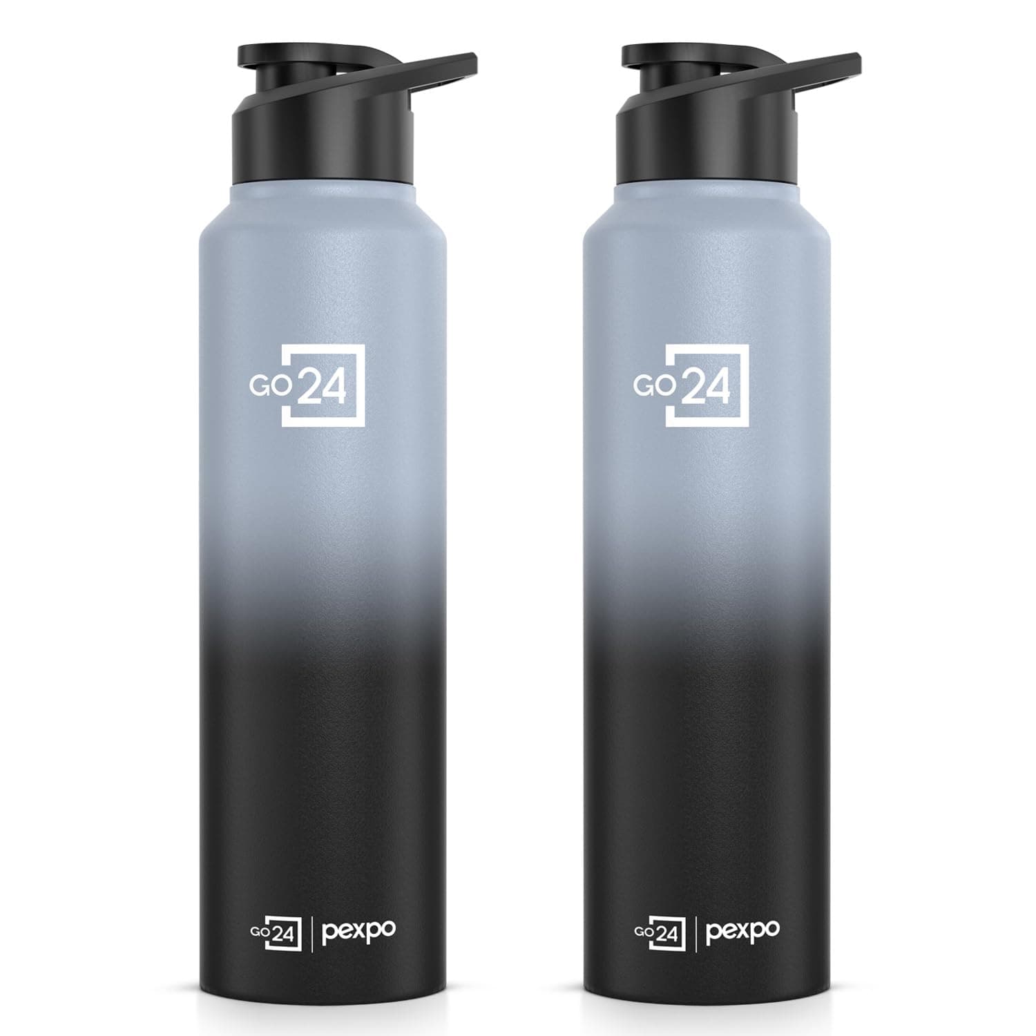 Go24 pexpo Water Bottle 1 ltr Stainless Steel Sports/Fridge Bottle with Sipper Cap (Pack of 2)| 1-Year Warranty | Single Wall | For Home, Office, Gym, Travelling|Craft Pro 950ml | Grey - Black Ombre
