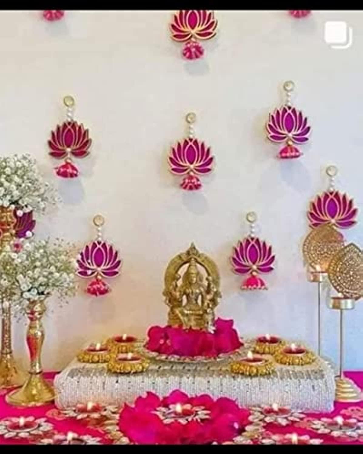 Divyakosh Lotus Hanging for Decoration | Handmade Wall Decor with Jhumki Style | Set of 6 Pink/Rani | Export Quality Lotus for Home, Temple & Pooja Room Decor | Diwali, Wedding & Festival Decoration