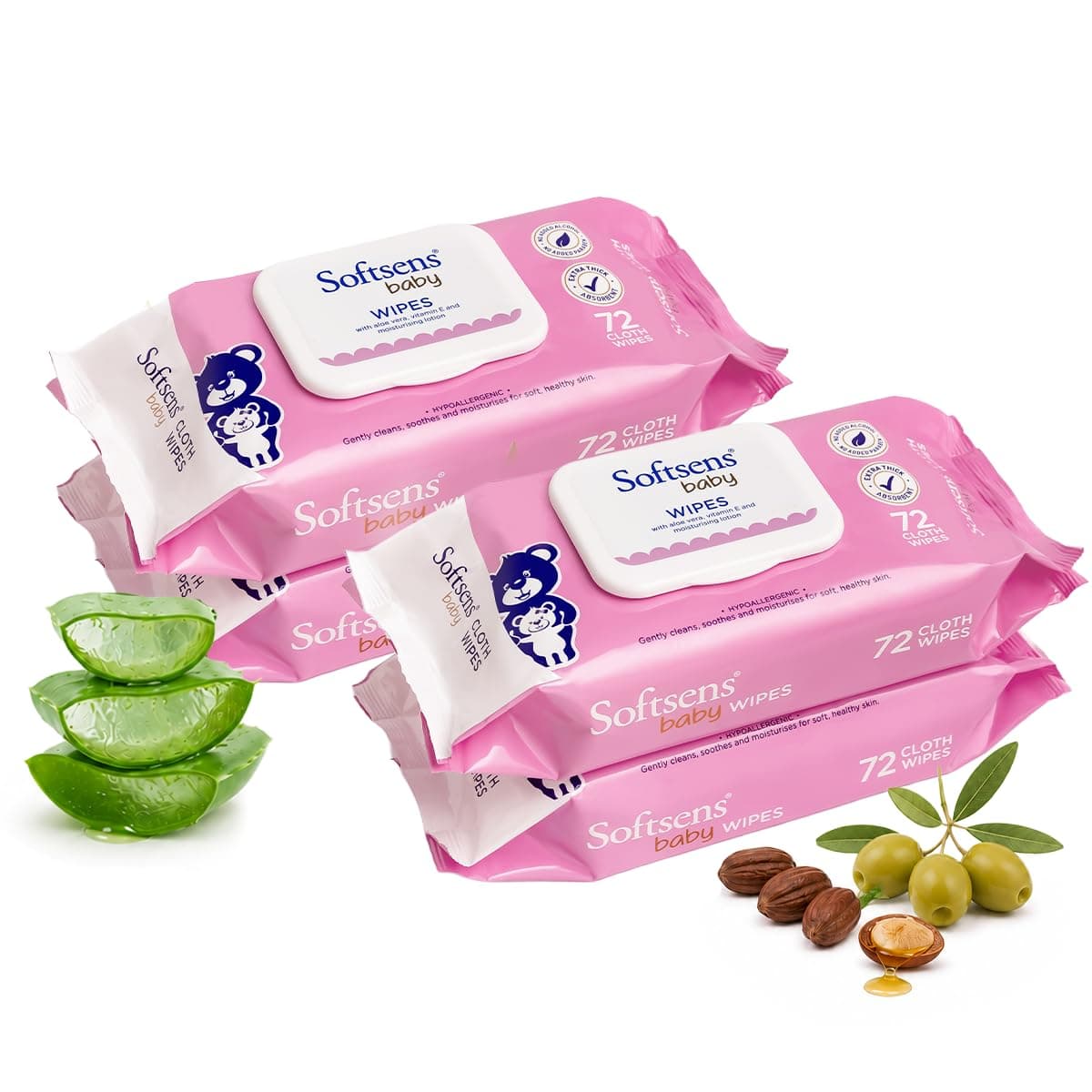 Softsens Baby Gentle Cloth Wipes for Baby Skin Enriched with Aloe Vera & Vitamin E I Dermatologically Tested & Parben Free with Lid - 72 wipes (Pack of 4)