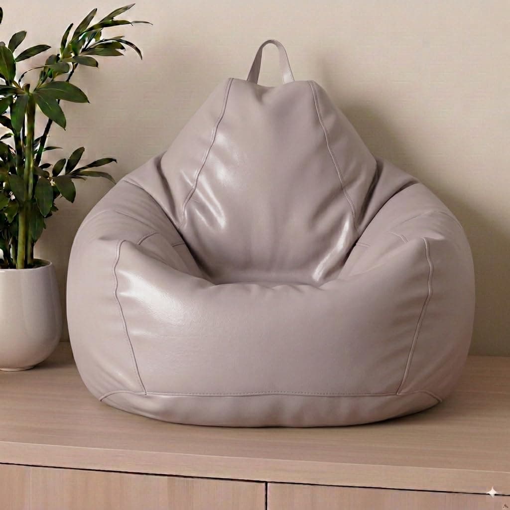 5XL Faux Leather Bean Bag Chair with Footrest & Cushion | Filled with High Density Polystyrene Beans | Premium Soft Fabric | 6 Months Warranty | Ready to Use Color- (Beige, Without Footrest)