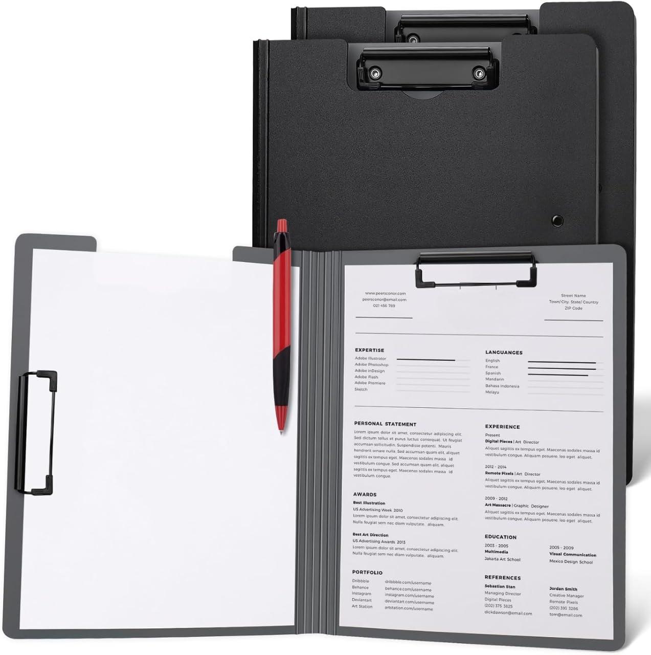 Clipboard Folder, A4 Foldable Clipboard with Horizontal and Vertical Double Metal Clips, 360 Degree Foldable Binder Clipboards with Pen Holder, File Cover Work Folder Pad (2, Black)