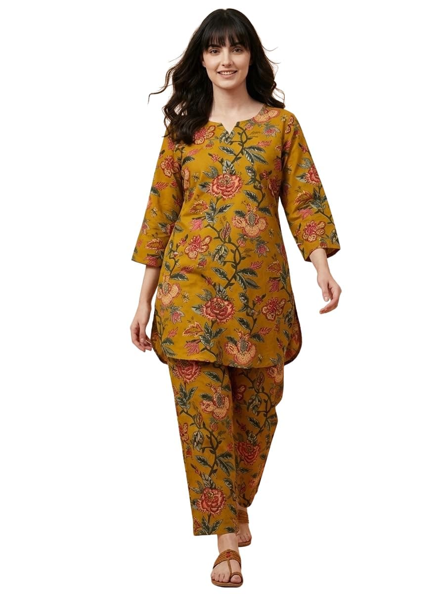 Bee M Pee Designer Trendy Floral Printed Pure Cotton Latest Kurta Coord Sets for Women | Stylish Casual Tunic Kurti Set with Pant for Woman for Office