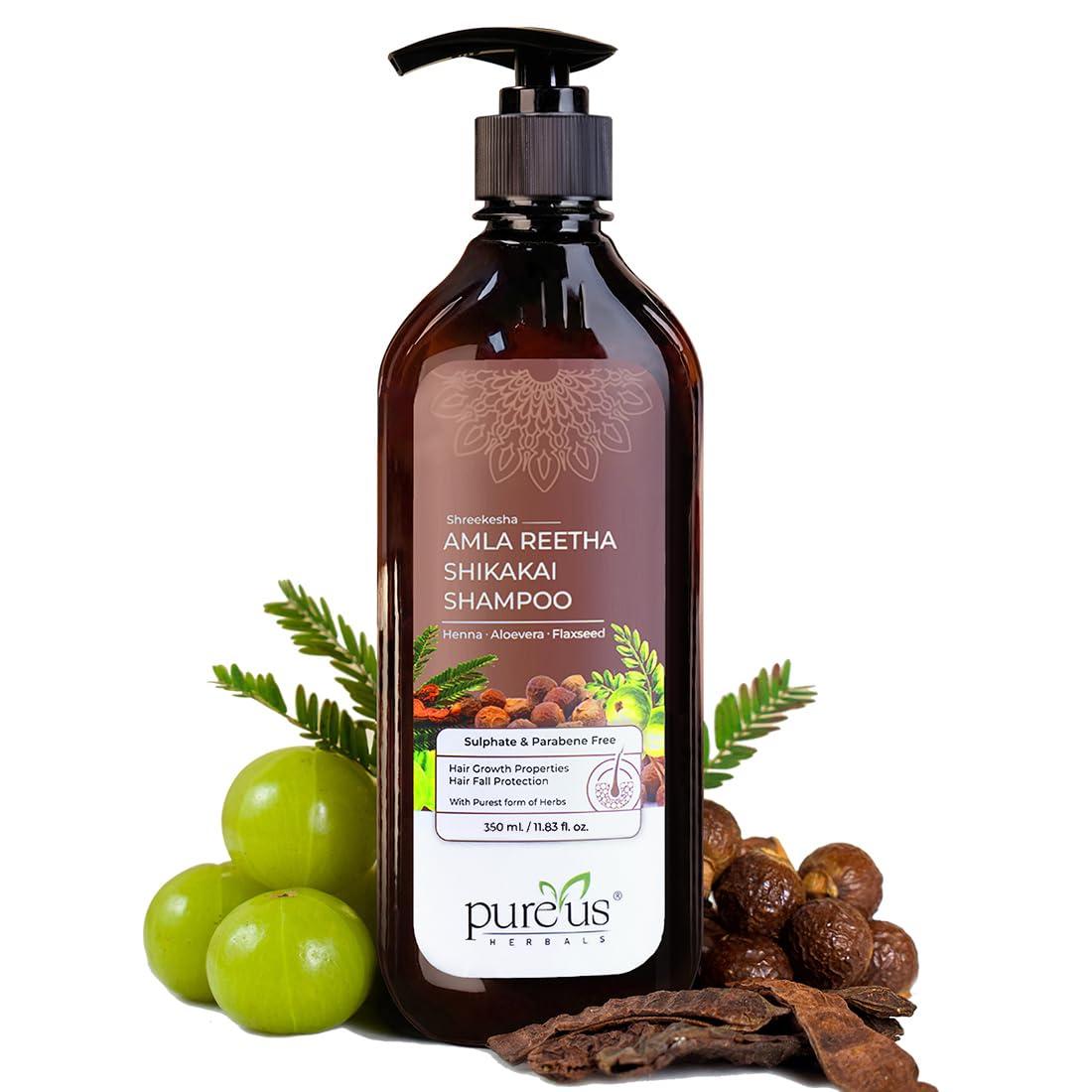 Pureus Herbals Shreekesha Amla Reetha Shikakai Sulphate & Paraben Free Shampoo | Herbal Shampoo for Hair Growth & Hair Fall Control | Natural Cleanser with Aloe Vera & Henna – 350 ml