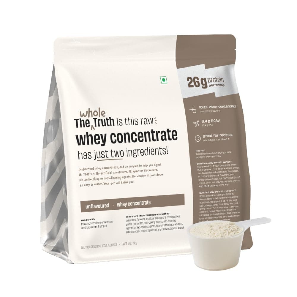 The Whole Truth Whey Protein Concentrate Unflavoured |1 kg (2.2 lbs) | 26g Protein per scoop | 6.4g BCAA | No Adulteration | Clean and Light | Muscle Building | Vegetarian