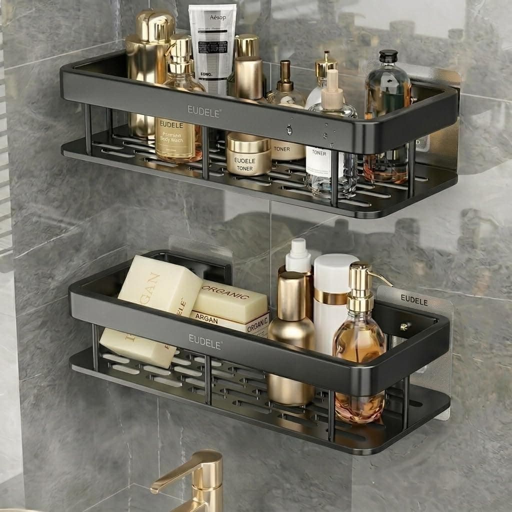 EUDELE Aluminium Pack of 2, Self Adhesive Bathroom Shelf for Wall Shelf Organizer Wall Mounted Bathroom Shelves Rack Holder Stand for Bathroom Accessories Organiser Without Drill Black