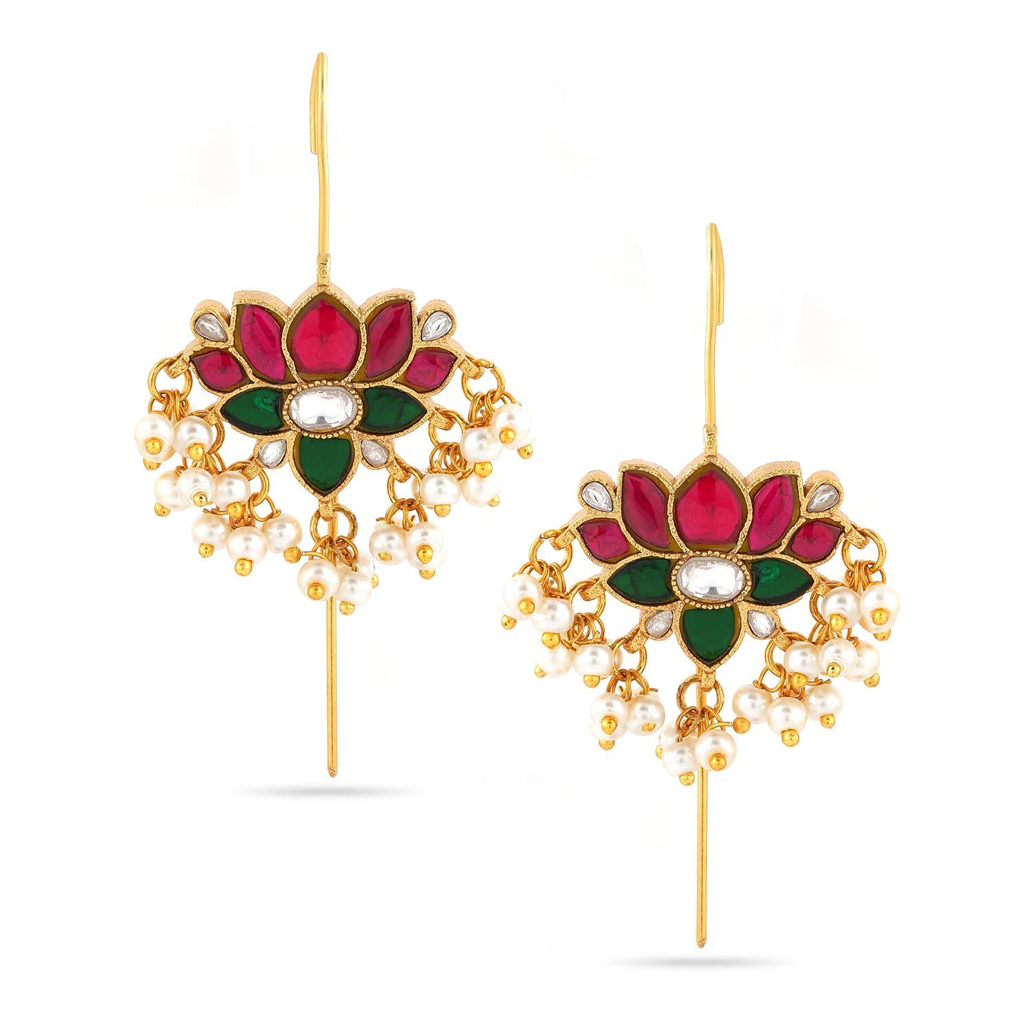Rubans 22K Gold-Plated Ruby Pink, Emerald Green & White Kundan Studded Lotus Design Handcrafted Ear Cuff with Pearl Beads for Women – Weddings, Festive Occasions & Traditional Ceremonies