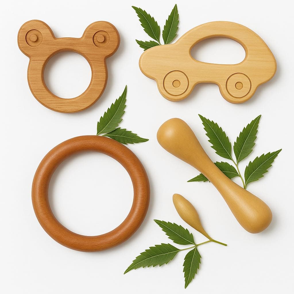 Shark Doo Doo® Neem Wood Baby Teether Combo (Mickey, Car, Ring & Stick) | Organic & Handcrafted | Chemical-Free, Antibacterial Teething Toy for Babies