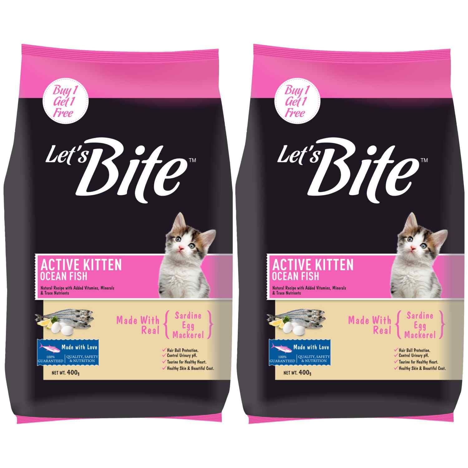 Let's Bite Active Kitten Dry Cat Food, (400g + 400g) Total 800g | Ocean Fish | Taurine for Heart | Healthy Skin & Coat