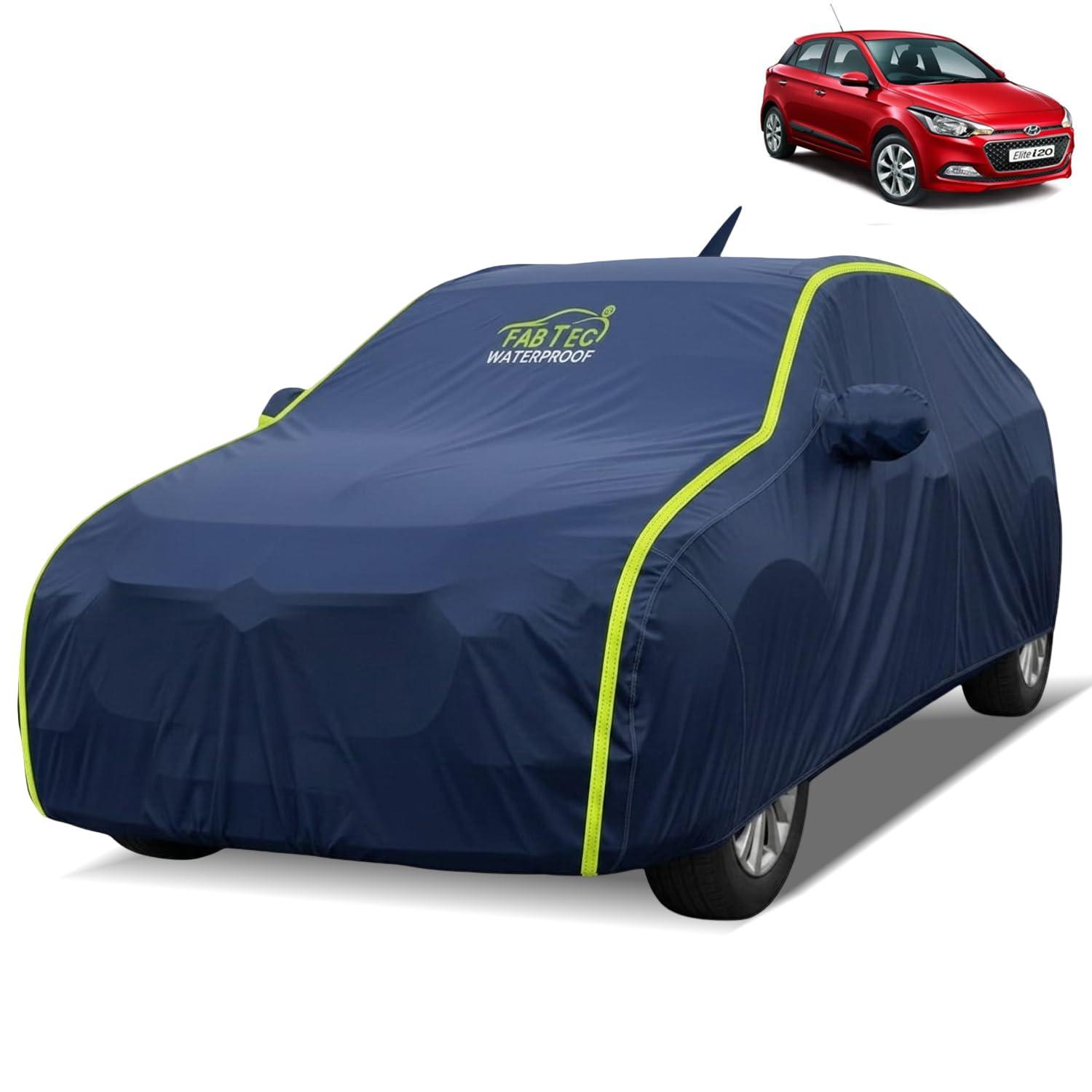FABTEC Waterproof Car Body Cover for Hyundai Elite i20 Outdoor/Indoor All Weather Protection with Mirror & Antenna Pocket Triple Stitched (Premium Navy Blue with Neon Piping)