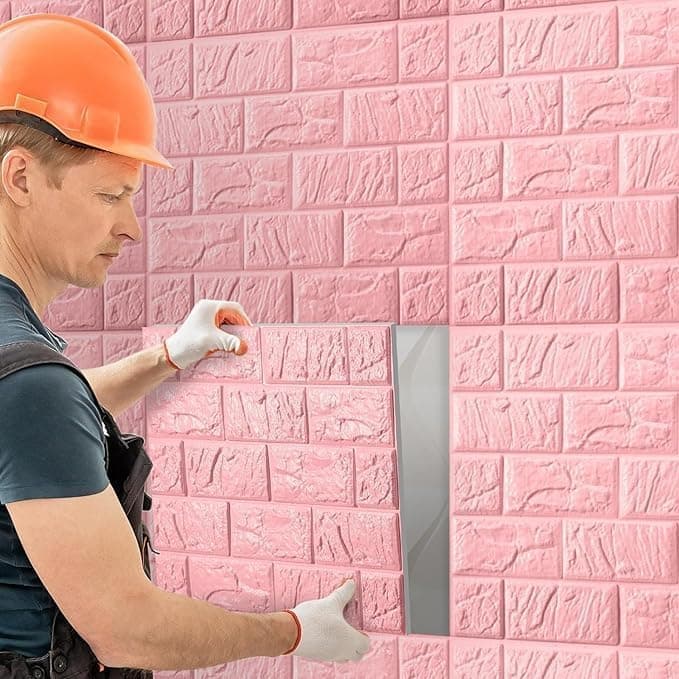 POZET 3D Brick Wallpaper PE Foam self Adhesive Brick Design Wall Stickers/DIY Wallpaper for Home Hotel Living Room Bedroom Cafe Deco (70 x 77 cm) (Pink)