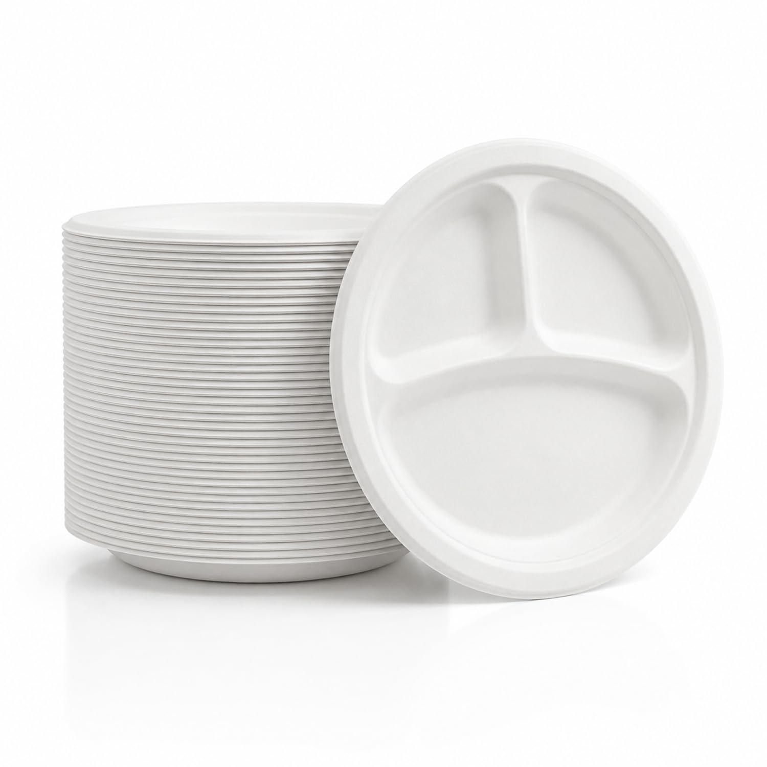 Bonkaso 3 Compartment Bagasse Round Meal Tray 10 Inch Pack of 50 | Disposable Sugarcane Plates | Eco-Friendly, Compostable & Plastic-Free | Heavy Duty, Microwave Safe Party, Catering & Meal Plates