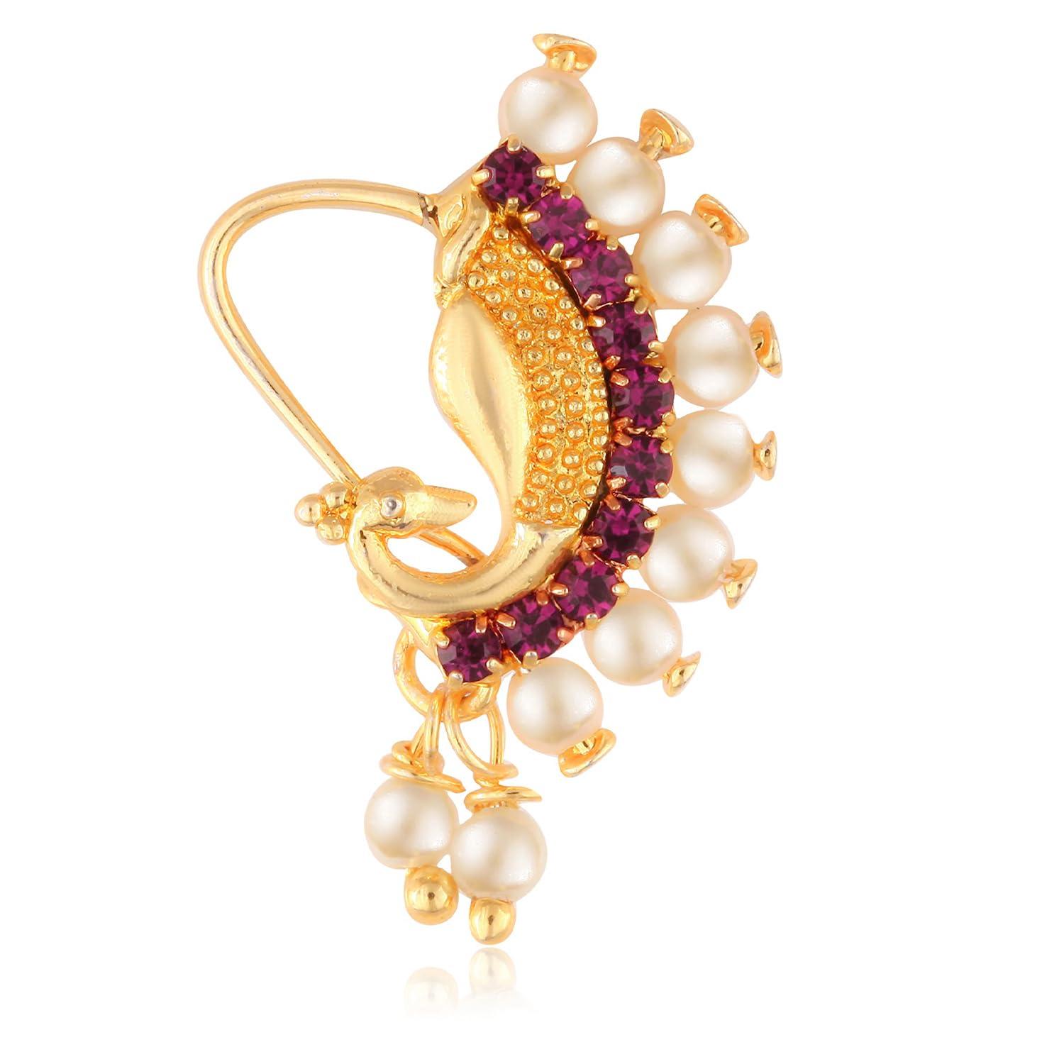 VAMA FASHION Gold Plated Maharashtrian Marathi Cilp On Without Piercing Peacock Nath Pearl Nathiya Nathni Pressing Nose Rings for Women & Girls (Gold Nathni)