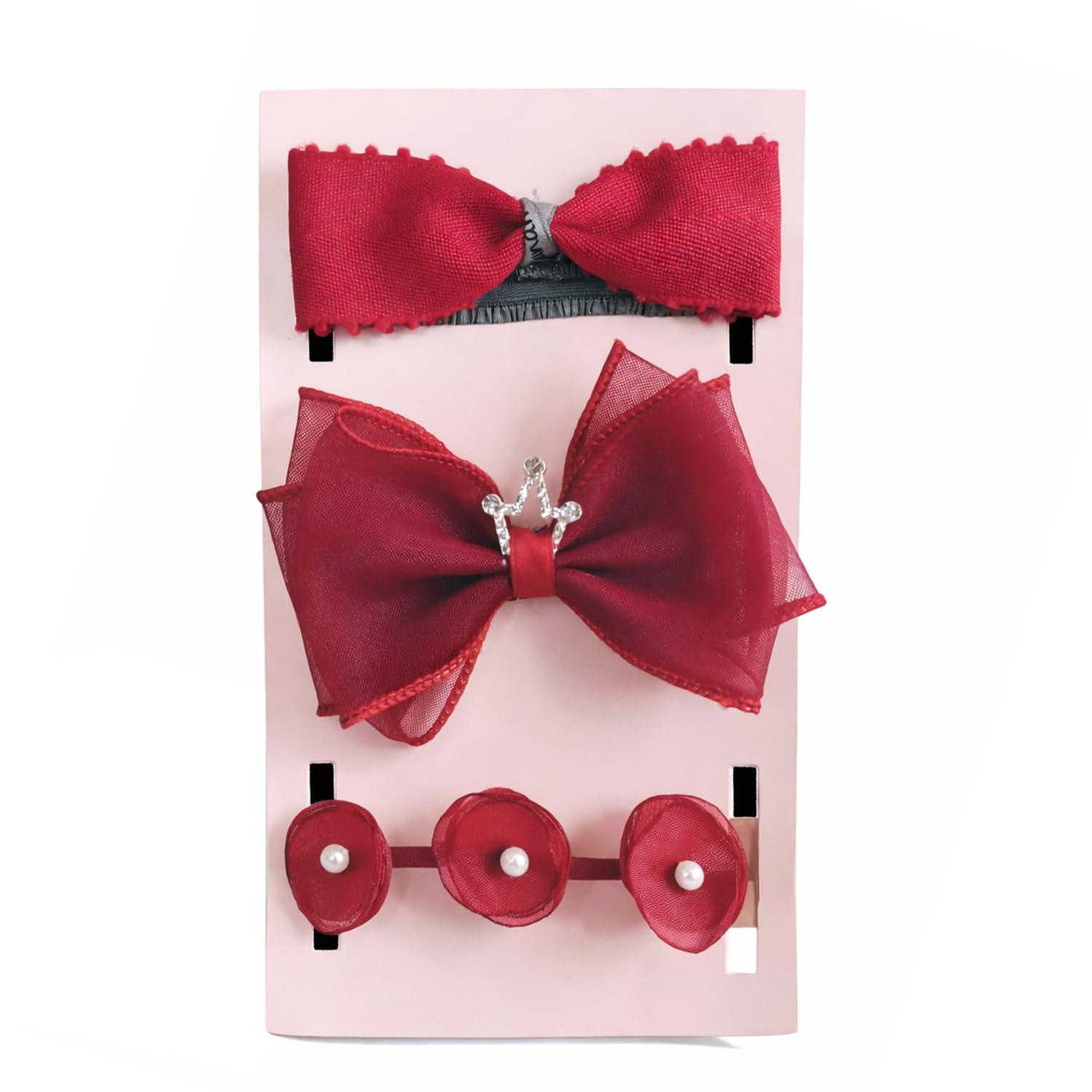 SYGA 3 Pack Baby Girl Headbands – Soft Stretchable Satin Bow & Pearl Flower Hairbands, Elegant Elastic Headband for Newborns, Infants & Toddlers for 0-3 Years (Red, Style 1050)