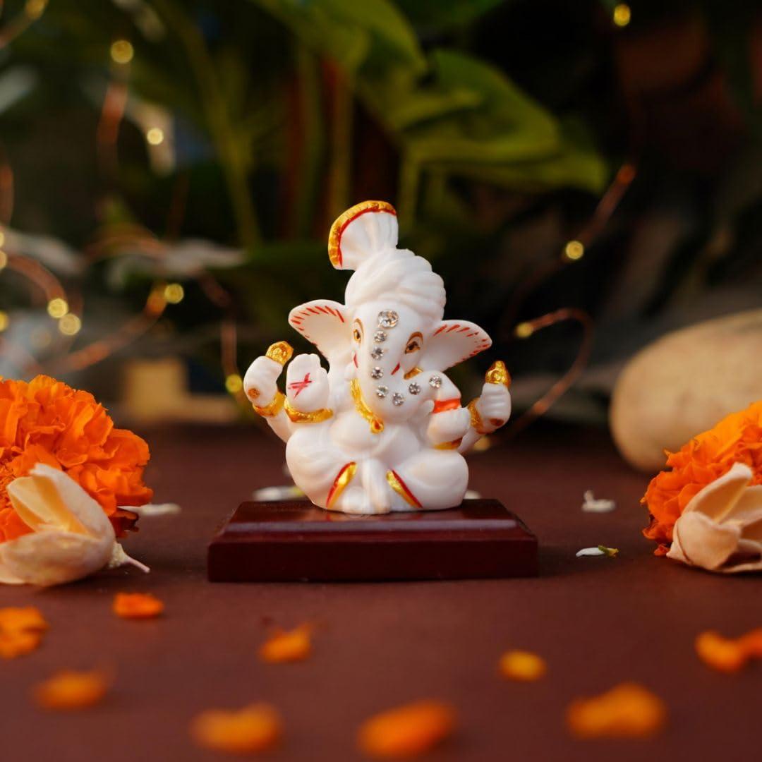 Servdharm Pagri Ganesh Ji Murti Idol Decorative Showpiece for Home Decor | Ganesh Idol for Car Dashboard, Home Temple, Office Desk, Pooja Room | God Idols for Puja & Festival Statue Gifting 3.2"