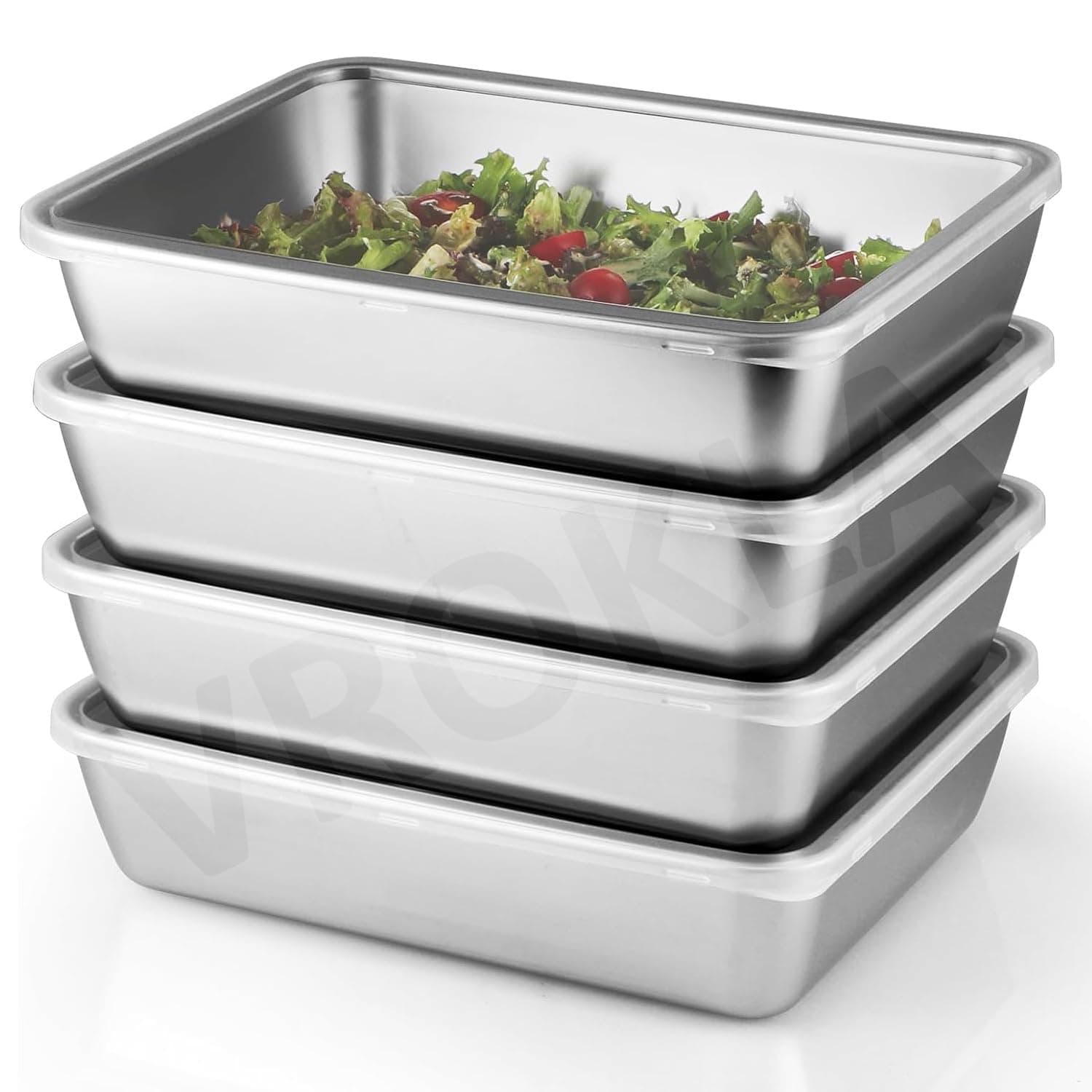VROKLA 4pcs Stainless Steel Food Storage Containers with Clear Lids, Food Serving & Baking Stackable Snack Tray for Kitchen, Microwave, Freezer, BBQ Party, Office, Gym Lunch (2000ML)