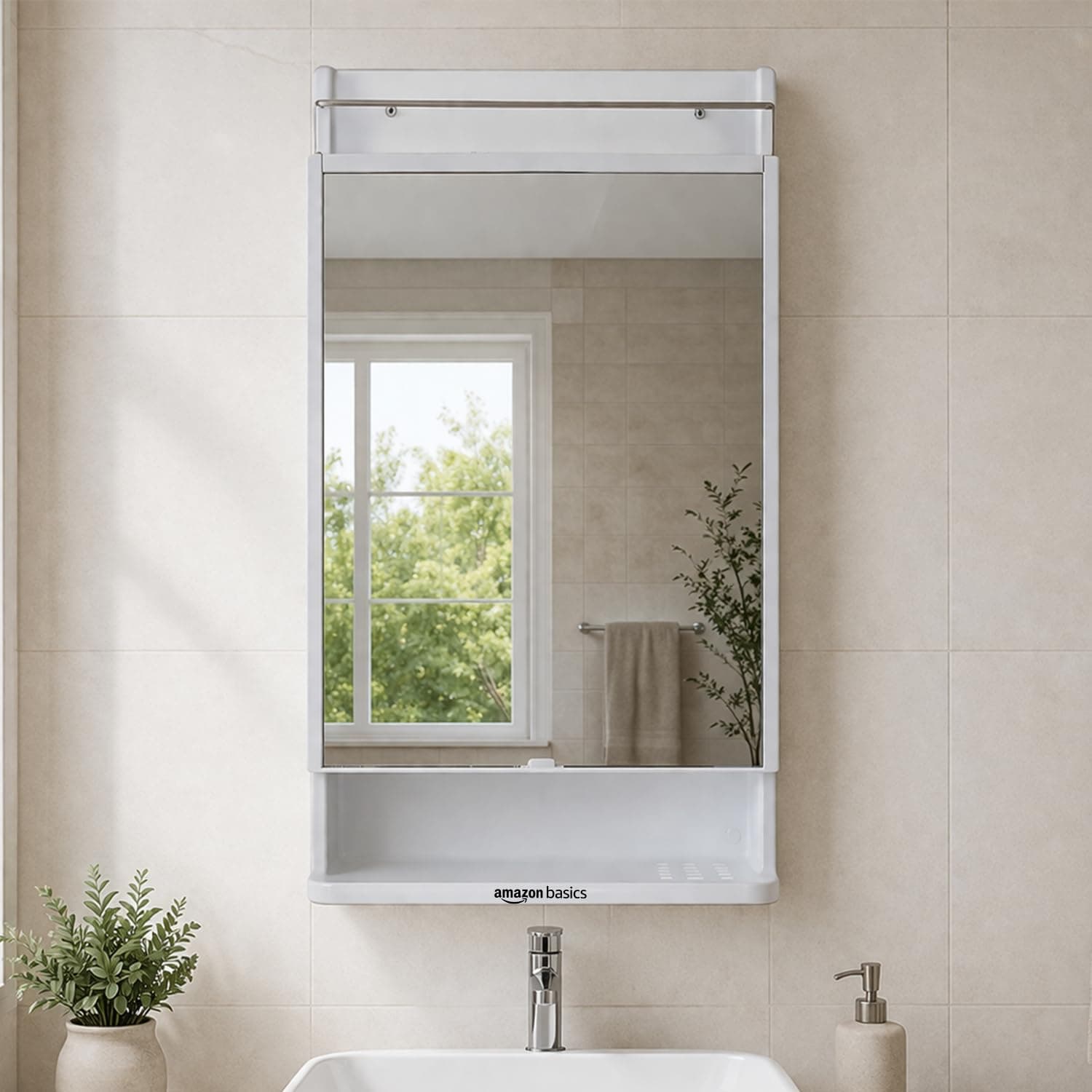 Amazon Basics CleanLook Premium Wall Mounted Plastic Bathroom Mirror Cabinet with Storage, Multipurpose Organizer for Toiletries & Essentials, White