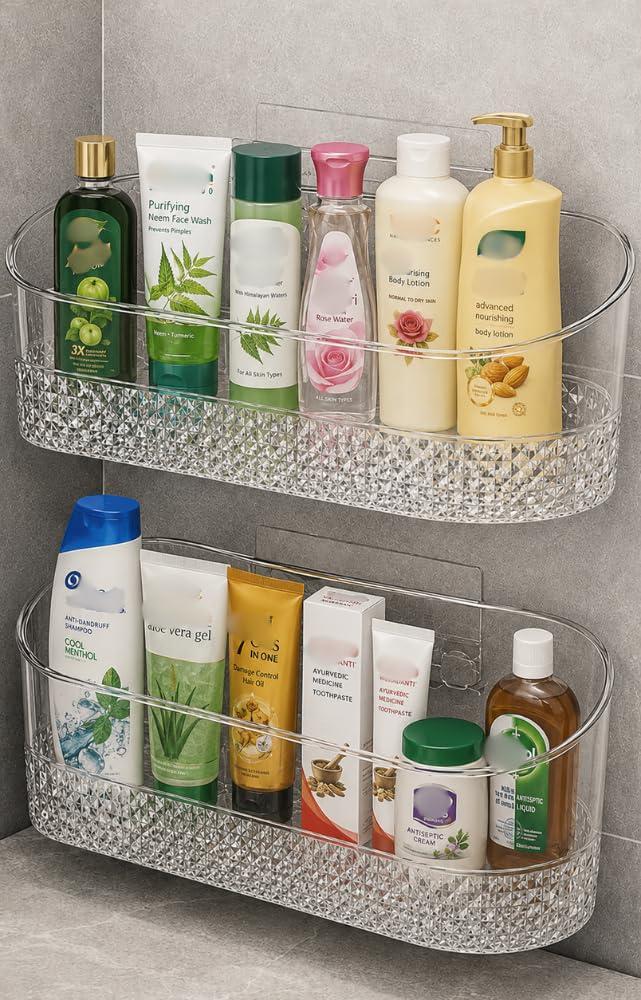 Royal-Pro Bathroom Organiser Without Drill Adhesive Shelf Self Adhesive nstallation | Transparent Wall Mounted (Pack of-2)